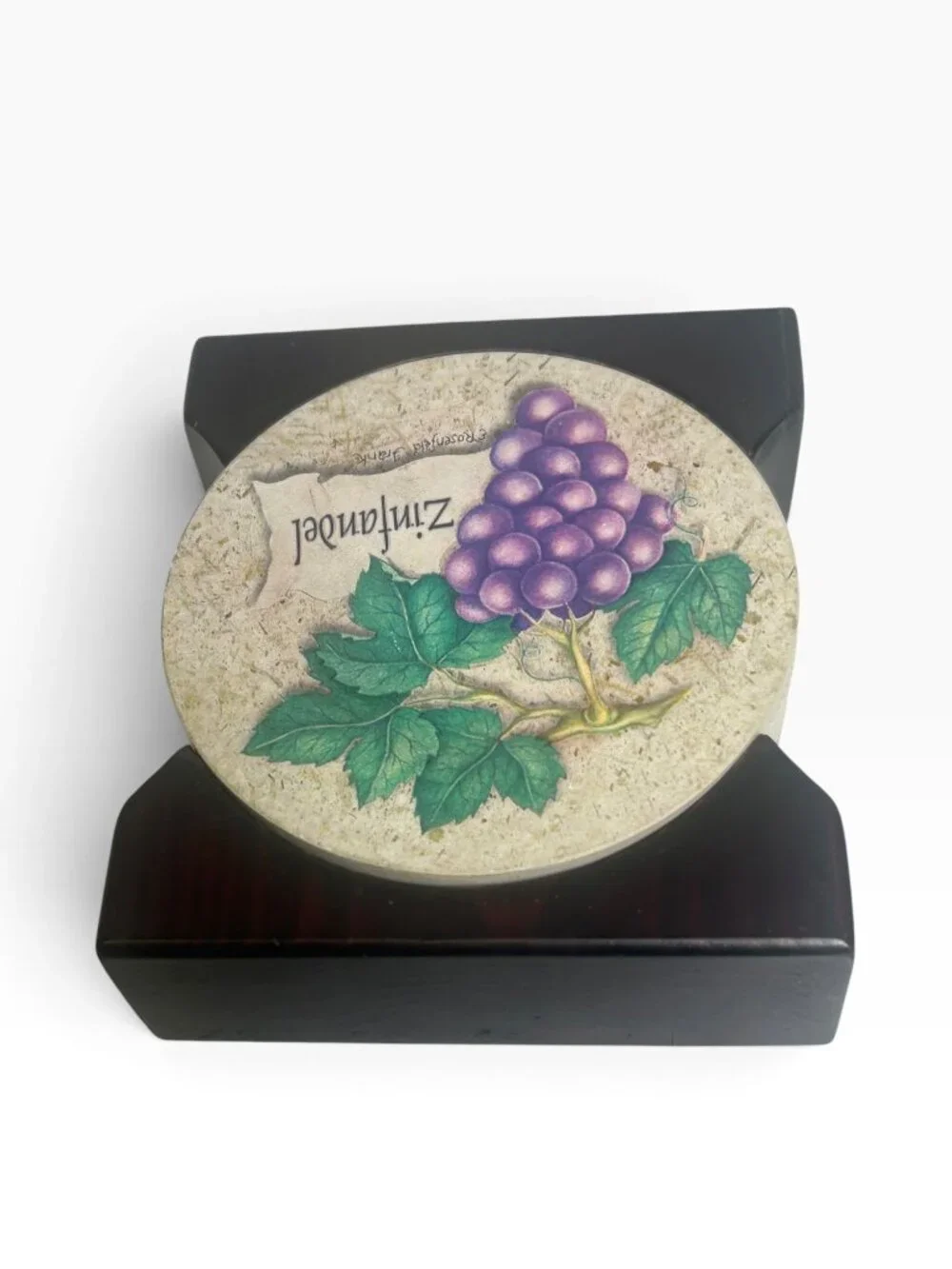 Vintage E. Rosenfeld Frank Ceramic Wine Coasters Set of 4 with Wood Caddy Holder